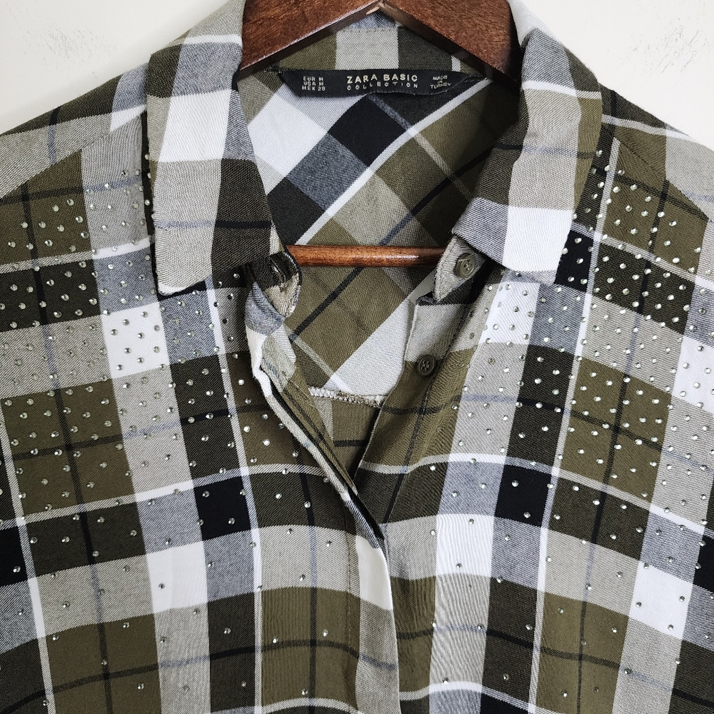 Zara Basic Collection Army Green Plaid Rhinestone… - image 6